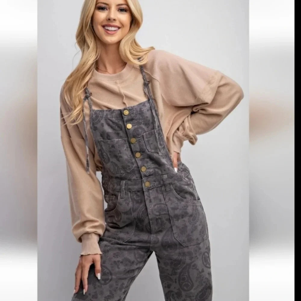 New! Easel Grey Paisley Printed Washed Twill Overalls Jumpsuit